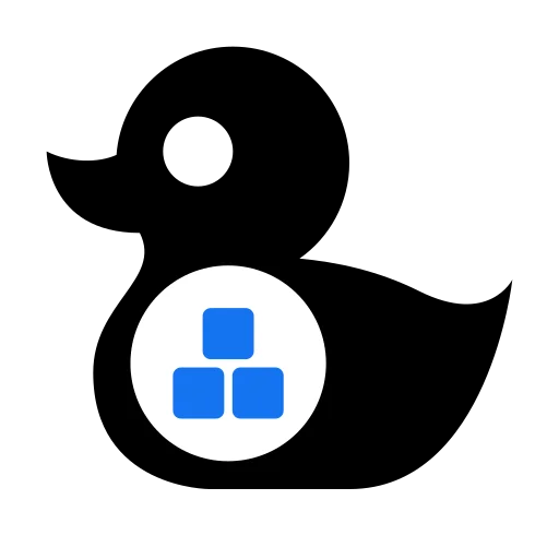 The quax-blocks logo: a black rubber duck, quax's, with a white badge on its body carrying three blue blocks stacked into a pyramid.